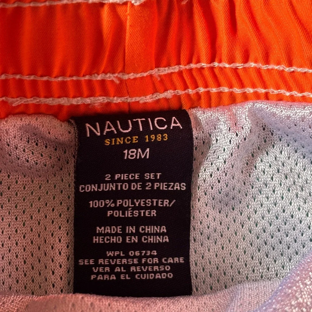Nautica Kids Short Sleeve Rash Guard and Swim Trunks Blue Green, Mesh Lined, 18M